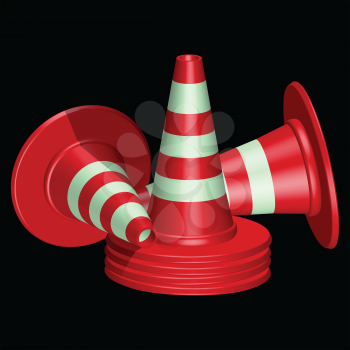 red traffic cones with round base against black background, abstract vector art illustration