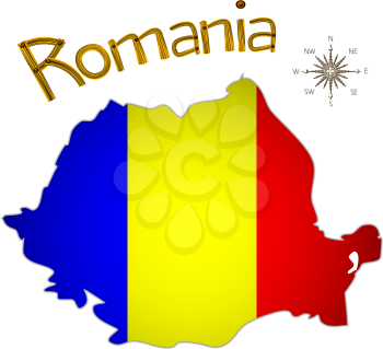 romanian map and wind rose over white background; abstract vector art illustration