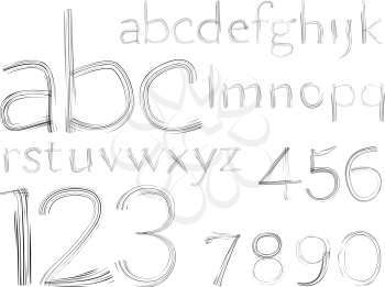 sketch hand drawn alphabet and numbers over white background, abstract vector art illustration