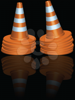traffic cones piles reflected against black background, abstract vector art illustration