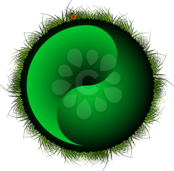 yin yang sphere with grass and ladybug against white background; abstract vector art illustration