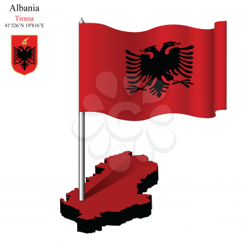 albania wavy flag over map against white background, abstract vector art illustration, image contains transparency