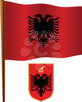 albania wavy flag and coat of arms against white background, vector art illustration, image contains transparency