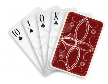 almost a royal flush clubs against white background, abstract vector art illustration; image contains transparency