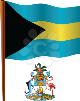 bahamas wavy flag and coat of arms against white background, vector art illustration, image contains transparency