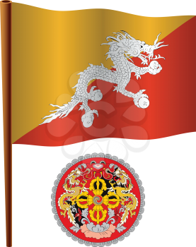 bhutan wavy flag and coat of arms against white background, vector art illustration, image contains transparency