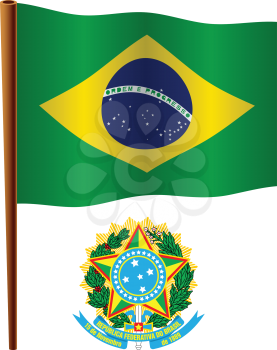 brasil wavy flag and coat of arms against white background, vector art illustration, image contains transparency