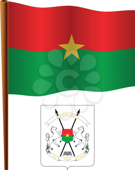 burkina faso wavy flag and coat of arms against white background, vector art illustration, image contains transparency