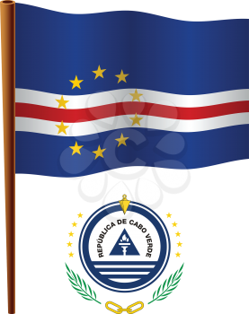 cape verde wavy flag and coat of arms against white background, vector art illustration, image contains transparency