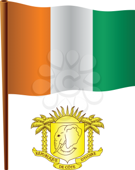 cote d'ivoire wavy flag and coat of arms against white background, vector art illustration, image contains transparency