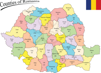 counties of romania on the map and flag of romania against white background, abstract vector art illustration