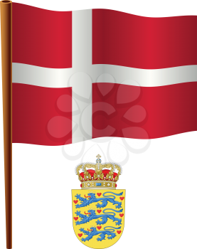 denmark wavy flag and coat of arms against white background, vector art illustration, image contains transparency