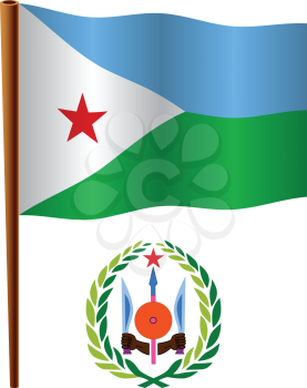 djibouti wavy flag and coat of arms against white background, vector art illustration, image contains transparency