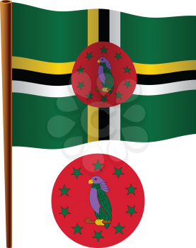 dominica wavy flag and coat of arms against white background, vector art illustration, image contains transparency
