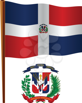 dominican republic wavy flag and coat of arms against white background, vector art illustration, image contains transparency