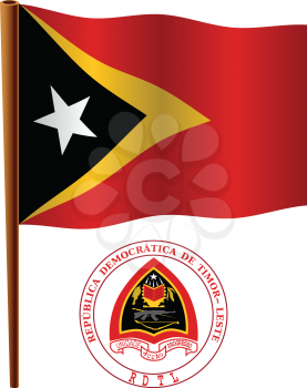 east timor wavy flag and coat of arms against white background, vector art illustration, image contains transparency