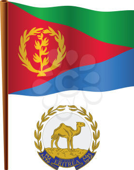 eritrea wavy flag and coat of arms against white background, vector art illustration, image contains transparency