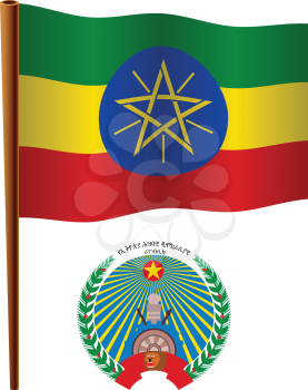 ethiopia wavy flag and coat of arms against white background, vector art illustration, image contains transparency