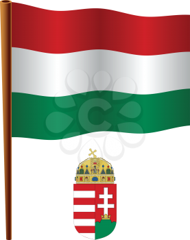 hungary wavy flag and coat of arms against white background, vector art illustration, image contains transparency