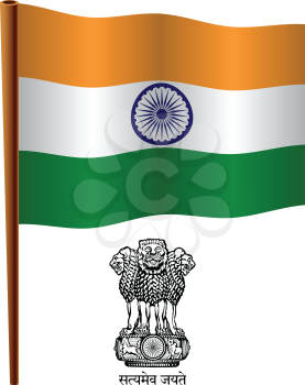 india wavy flag and coat of arms against white background, vector art illustration, image contains transparency