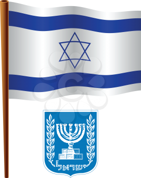 israel wavy flag and coat of arms against white background, vector art illustration, image contains transparency