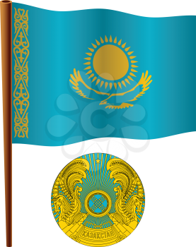 kazakhstan wavy flag and coat of arms against white background, vector art illustration, image contains transparency
