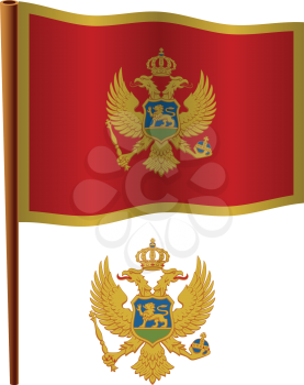 montenegro wavy flag and coat of arm against white background, vector art illustration, image contains transparency
