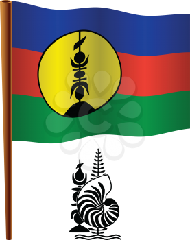 new caledonia wavy flag and coat of arms against white background, vector art illustration, image contains transparency