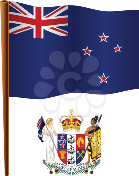 new zealand wavy flag and coat of arms against white background, vector art illustration, image contains transparency