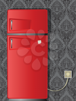 red old refrigerator against damask wallpaper, abstract vector art illustration; image contains transparency