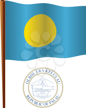 palau wavy flag and coat of arm against white background, vector art illustration, image contains transparency