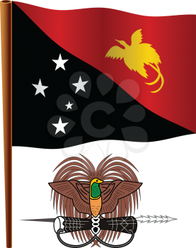papua new guinea wavy flag and coat of arm against white background, vector art illustration, image contains transparency