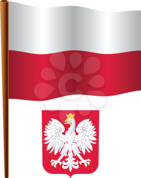 poland wavy flag and coat of arm against white background, vector art illustration, image contains transparency