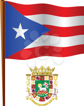 puerto rico wavy flag and coat of arm against white background, vector art illustration, image contains transparency
