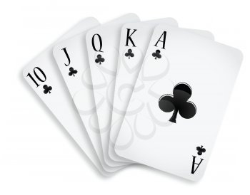 royal flush clubs against white background, abstract vector art illustration; image contains transparency