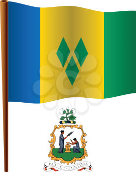 saint vincent and the grenadines wavy flag and coat of arm against white background, vector art illustration, image contains transparency