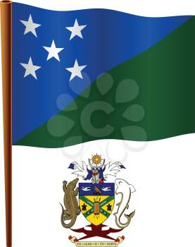 solomon islands wavy flag and coat of arm against white background, vector art illustration, image contains transparency