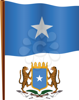 somalia wavy flag and coat of arm against white background, vector art illustration, image contains transparency