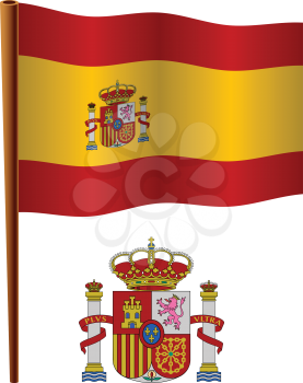 spain wavy flag and coat of arm against white background, vector art illustration, image contains transparency