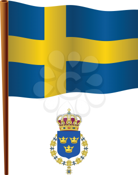 sweden wavy flag and coat of arm against white background, vector art illustration, image contains transparency