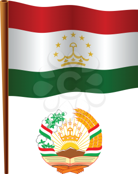 tajikistan wavy flag and coat of arm against white background, vector art illustration, image contains transparency