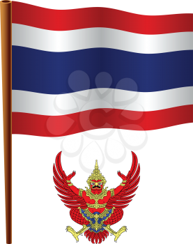 thailand wavy flag and coat of arm against white background, vector art illustration, image contains transparency