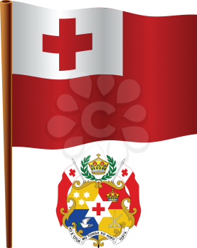 tonga wavy flag and coat of arm against white background, vector art illustration, image contains transparency