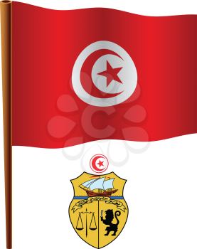 tunisia wavy flag and coat of arm against white background, vector art illustration, image contains transparency