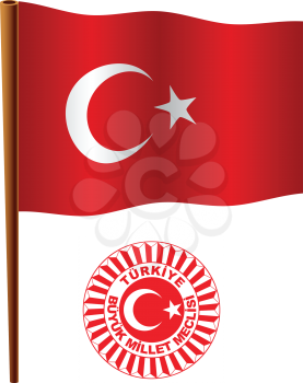turkey wavy flag and coat of arm against white background, vector art illustration, image contains transparency