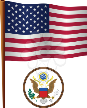 united states wavy flag and coat of arms against white background, vector art illustration, image contains transparency