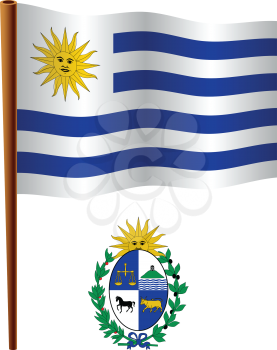 uruguay wavy flag and coat of arm against white background, vector art illustration, image contains transparency