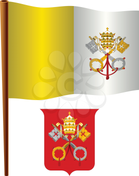 vatican city wavy flag and coat of arm against white background, vector art illustration, image contains transparency