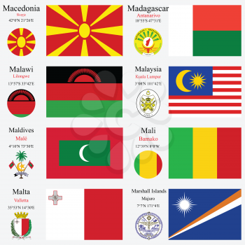 world flags of Macedonia, Madagascar, Malawi, Malaysia, Maldives, Mali, Malta and Marshall Islands, with capitals, geographic coordinates and coat of arms, vector art illustration