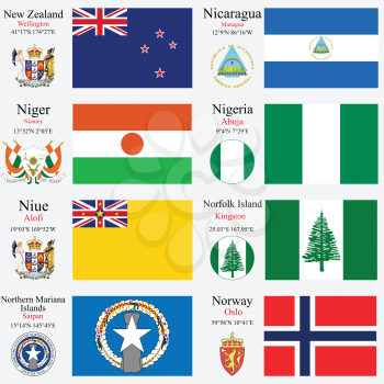 world flags of New Zealand, Nicaragua, Niger, Nigeria, Niue, Norfolk Island, Northern Mariana Islands and Norway, with capitals, geographic coordinates and coat of arms, vector art illustration